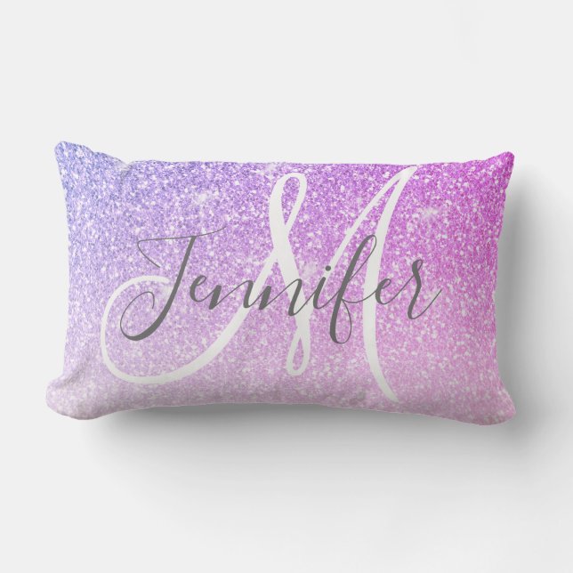 Girly Pink Purple Glitter Script Monogram Name Lumbar Pillow (Front)