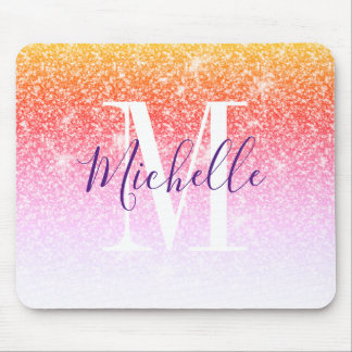 Girly Pink Purple Glitter Sparkle Monogram Name Mouse Pad