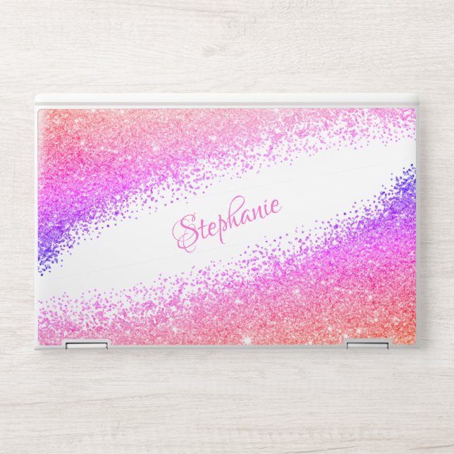 Girly Pink Purple Glitter Sparkle Personalized HP Laptop Skin (Front)