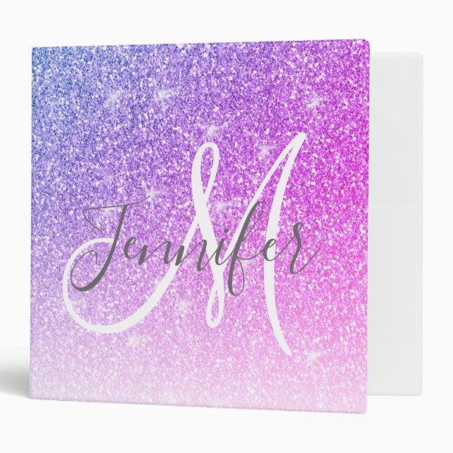 Girly Pink Purple Glitter Sparkles Monogram Name 3 Ring Binder (Front/Inside)