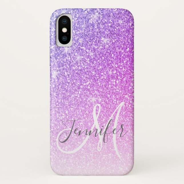 Girly Pink Purple Glitter Sparkles Monogram Name Case-Mate iPhone Case (Back)