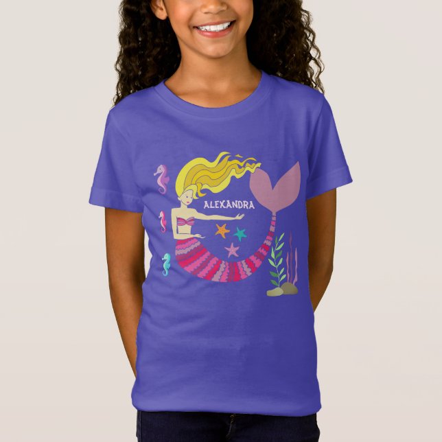 Girly Pink Purple Mermaid Under The Sea Name T-Shirt (Front)