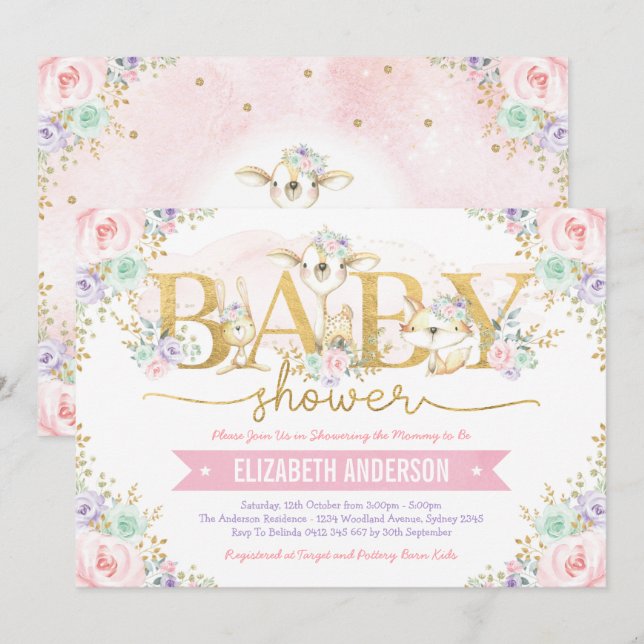 Girly Pink Purple Mint Woodland Forest Baby Shower Invitation (Front/Back)