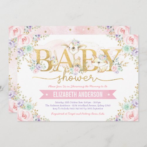 Girly Pink Purple Mint Woodland Forest Baby Shower Invitation