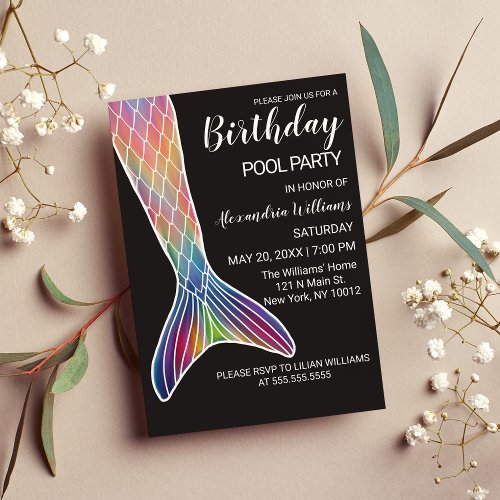 Girly Pink Purple Navy Mermaid Tail Pool Birthday Invitation