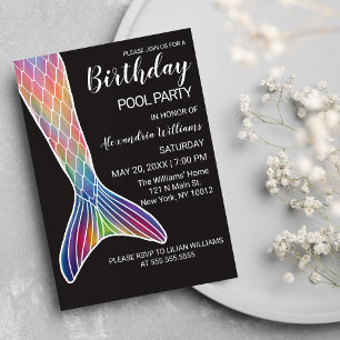 Girly Pink Purple Navy Mermaid Tail Pool Birthday Invitation