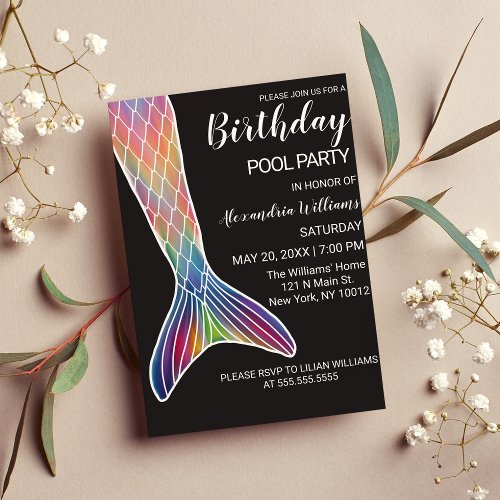 Girly Pink Purple Navy Mermaid Tail Pool Birthday Invitation Postcard
