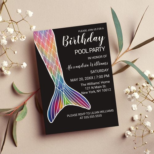 Girly Pink Purple Navy Mermaid Tail Pool Birthday Magnetic Invitation