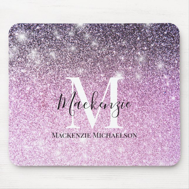Girly Pink Purple Ombre Glitter Monogram Name  Mouse Pad (Front)