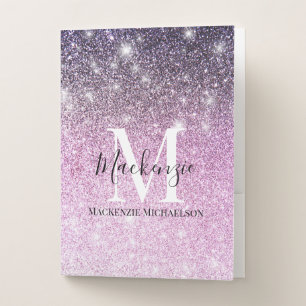 Girly Pink Purple Ombre Glitter Monogram Name  Pocket Folder