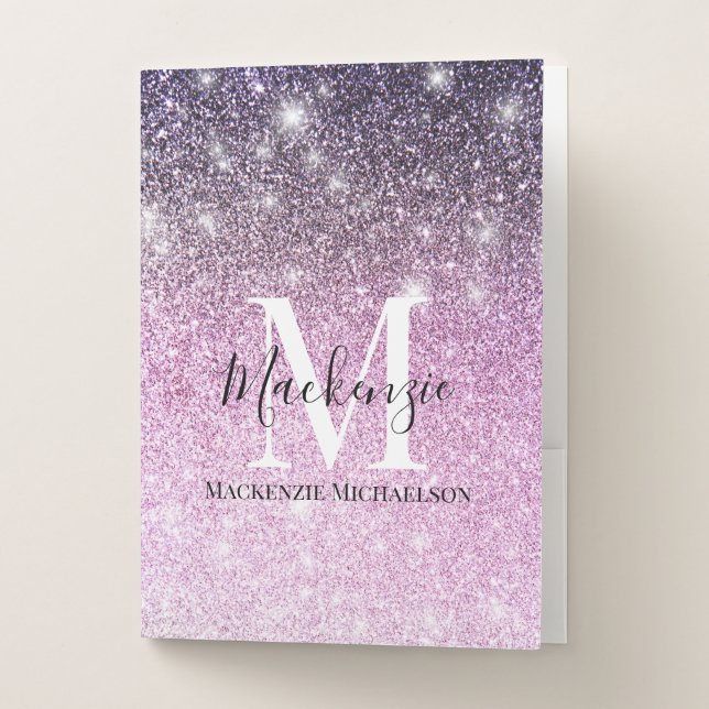Girly Pink Purple Ombre Glitter Monogram Name  Pocket Folder (Front)