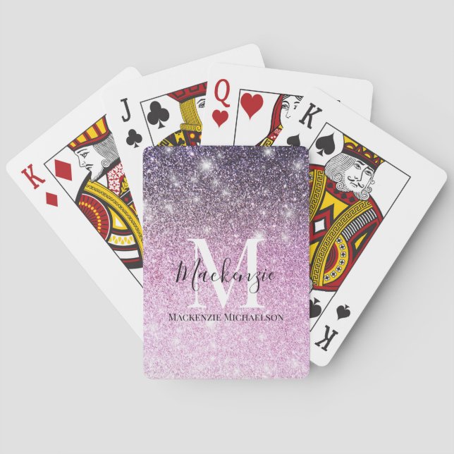 Girly Pink Purple Ombre Glitter Monogram Name Poker Cards (Back)