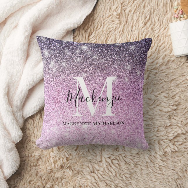 Girly Pink Purple Ombre Glitter Monogram Name   Throw Pillow (Blanket)