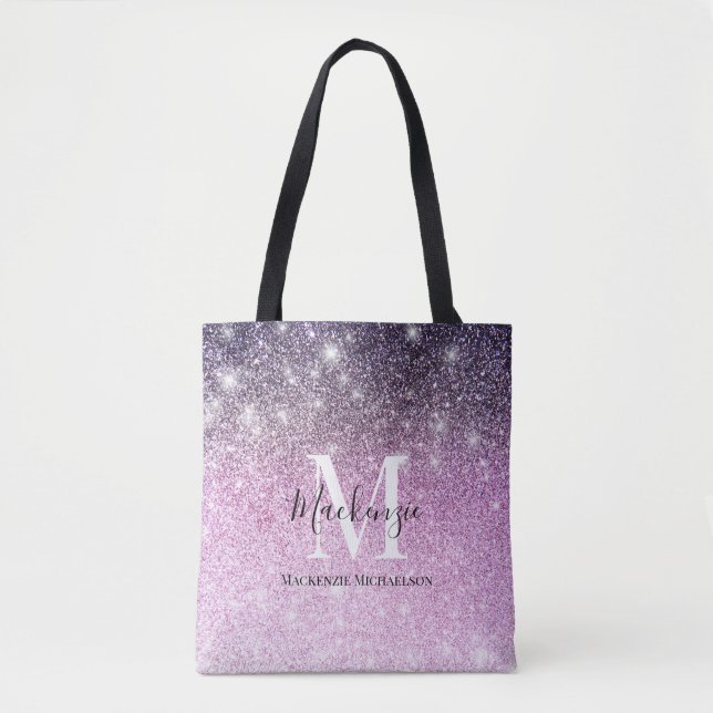 Girly Pink Purple Ombre Glitter Monogram Name  Tote Bag (Front)