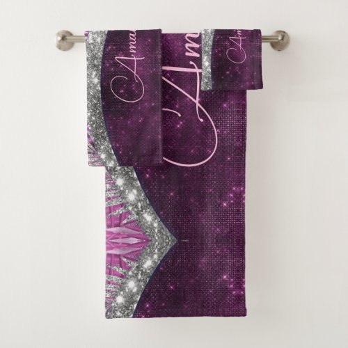Girly pink purple silver glitter leaves monogram bath towel set