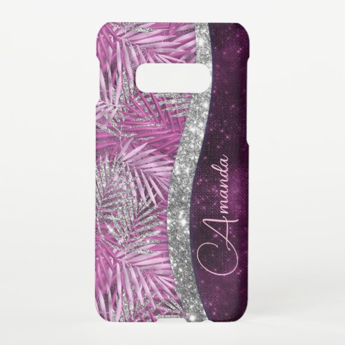 Girly pink purple silver glitter leaves monogram C Samsung Galaxy S10E Case