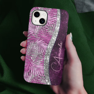 Girly pink purple silver glitter leaves monogram Case-Mate iPhone 14 case
