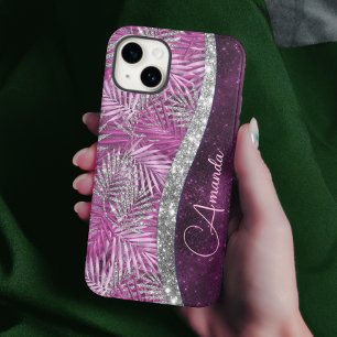 Girly pink purple silver glitter leaves monogram Case-Mate iPhone 14 case