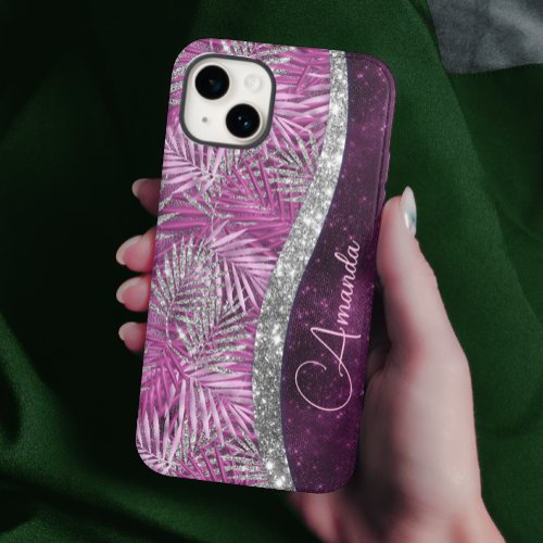 Girly pink purple silver glitter leaves monogram Case_Mate iPhone 14 case