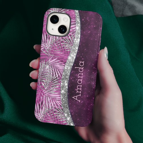 Girly pink purple silver glitter leaves monogram iPhone 15 case