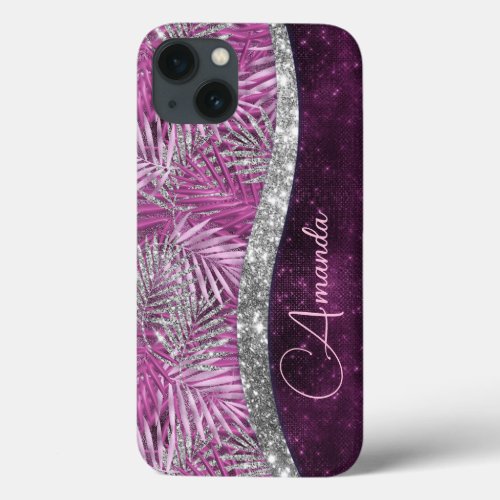 Girly pink purple silver glitter leaves monogram iPhone 13 case