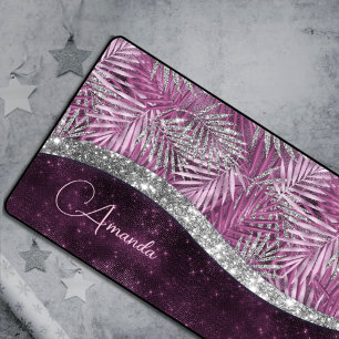 Girly pink purple silver glitter leaves monogram desk mat