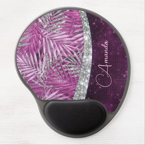 Girly pink purple silver glitter leaves monogram gel mouse pad