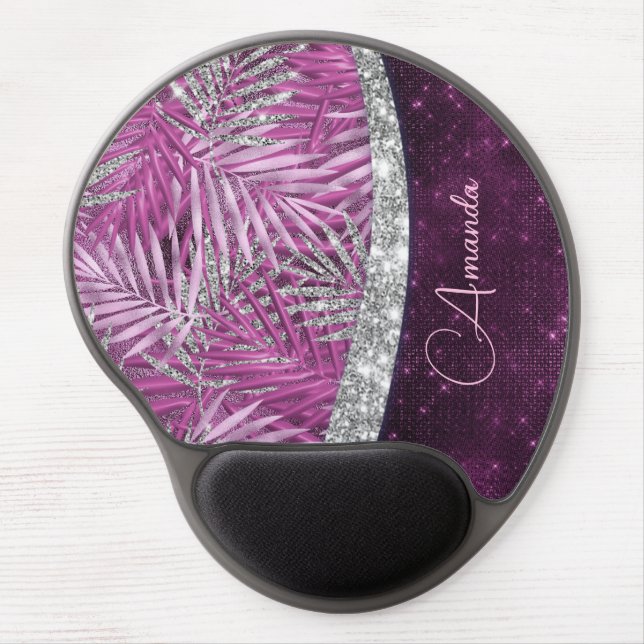 Girly pink purple silver glitter leaves monogram gel mouse pad (Front)