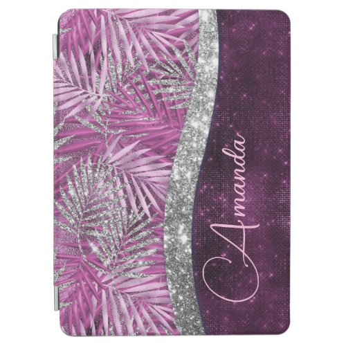 Girly pink purple silver glitter leaves monogram iPad air cover