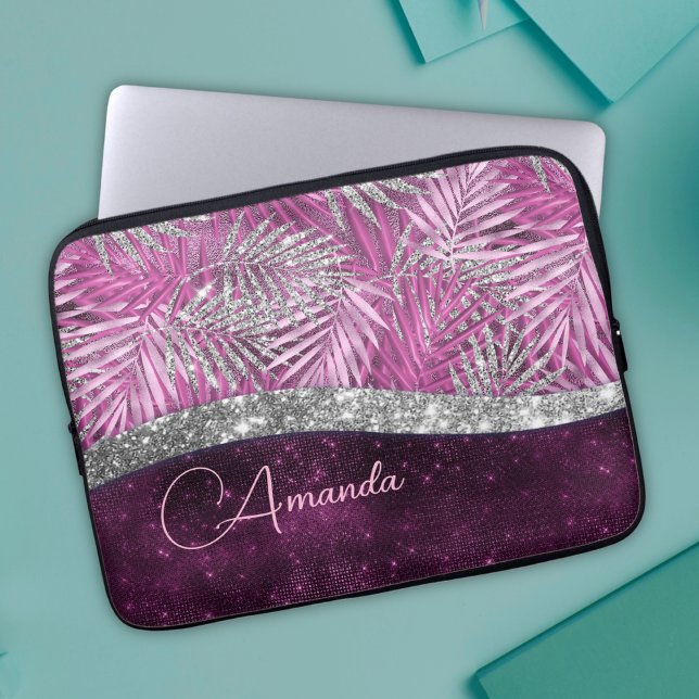 Girly pink purple silver glitter leaves monogram laptop sleeve (Creator Uploaded)