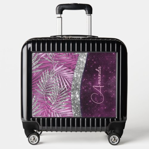 Girly pink purple silver glitter leaves monogram luggage