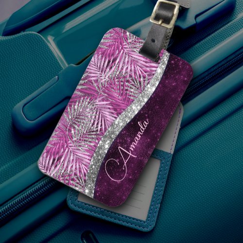 Girly pink purple silver glitter leaves monogram luggage tag