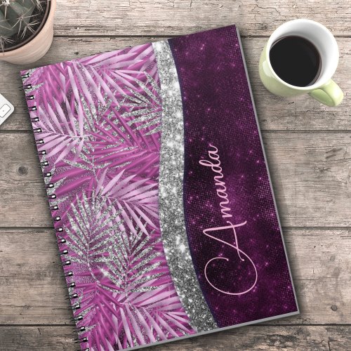 Girly pink purple silver glitter leaves monogram notebook