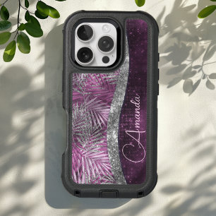 Girly pink purple silver glitter leaves monogram iPhone 16 pro case