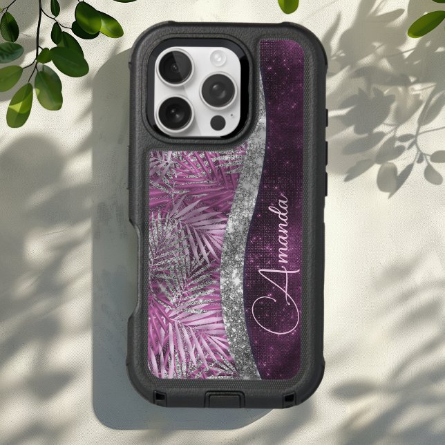 Girly pink purple silver glitter leaves monogram otterbox iPhone case (Creator Uploaded)