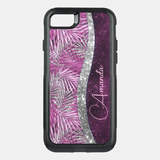 Girly pink purple silver glitter leaves monogram otterbox iPhone case (Back)