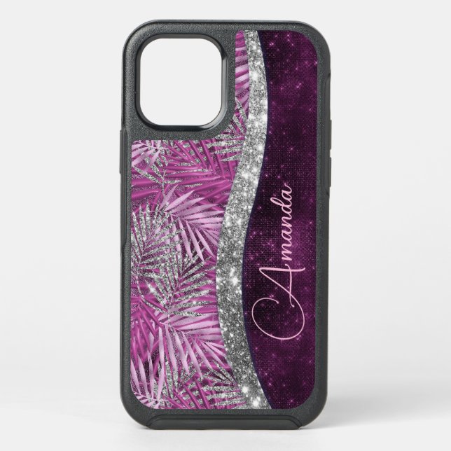 Girly pink purple silver glitter leaves monogram otterbox iPhone case (Back)