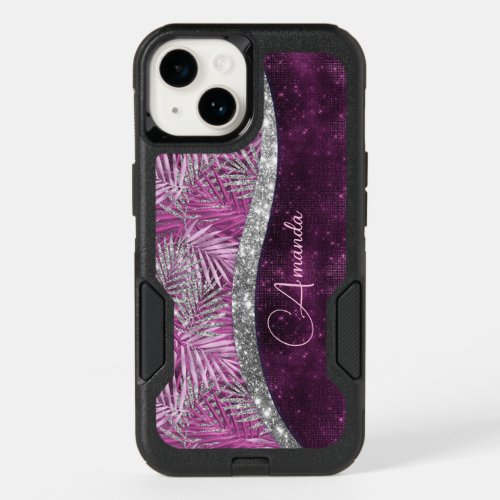 Girly pink purple silver glitter leaves monogram OtterBox iPhone 14 case