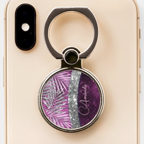 Girly pink purple silver glitter leaves monogram phone ring stand