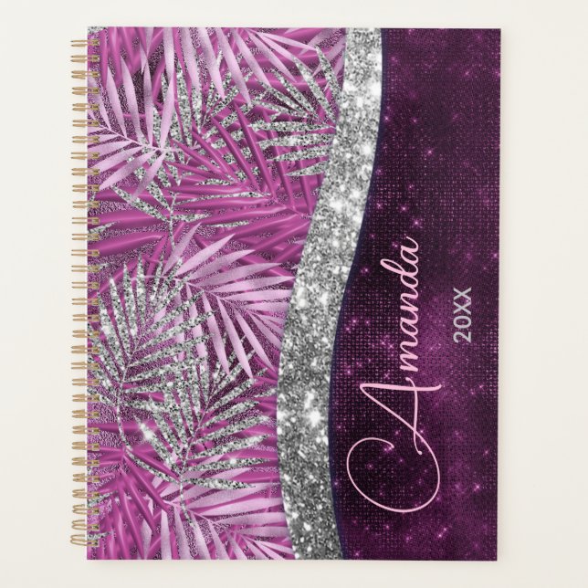 Girly pink purple silver glitter leaves monogram planner (Front)