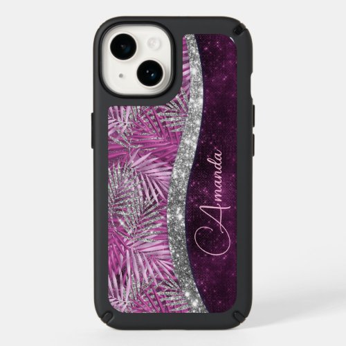 Girly pink purple silver glitter leaves monogram speck iPhone 14 case