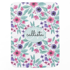 Girly Pink Purple Teal Watercolor Floral Monogram Baby Blanket