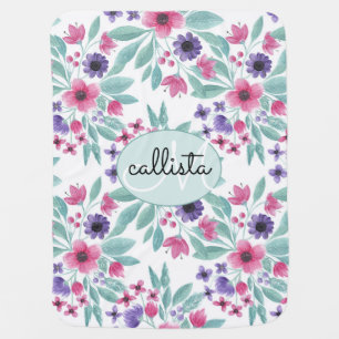 Girly Pink Purple Teal Watercolor Floral Monogram Baby Blanket