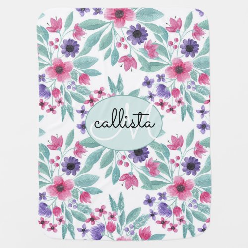 Girly Pink Purple Teal Watercolor Floral Monogram Baby Blanket