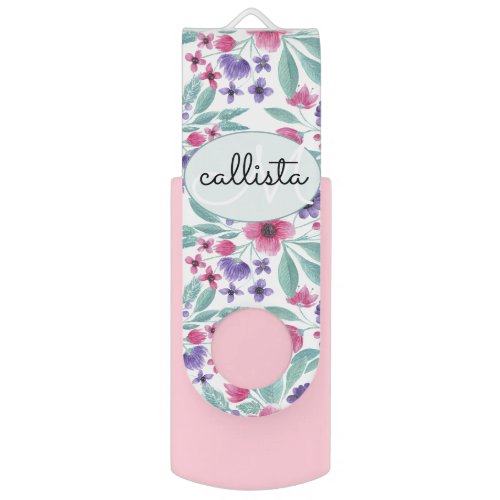 Girly Pink Purple Teal Watercolor Floral Monogram Flash Drive