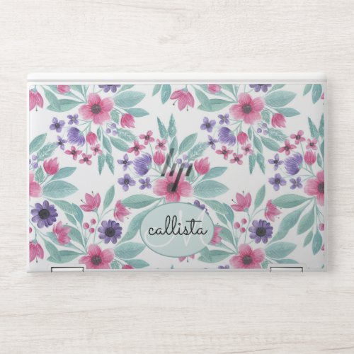 Girly Pink Purple Teal Watercolor Floral Monogram HP Laptop Skin