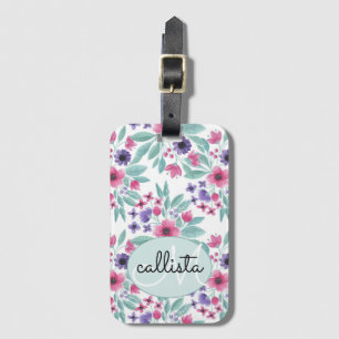 Girly Pink Purple Teal Watercolor Floral Monogram Luggage Tag