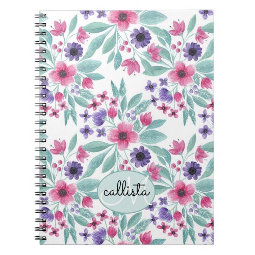Girly Pink Purple Teal Watercolor Floral Monogram Notebook