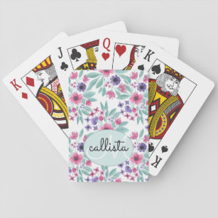 Girly Pink Purple Teal Watercolor Floral Monogram Playing Cards