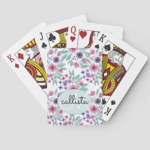 Girly Pink Purple Teal Watercolor Floral Monogram Poker Cards